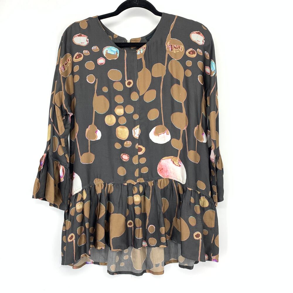 Nu Denmark Blouse Size XS Abstract Circle Bubble Print Peplum Hem Bell Sleeve
